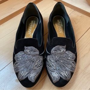 Alexander McQueen black suede Flat designer silver gold Embroidered loafer low